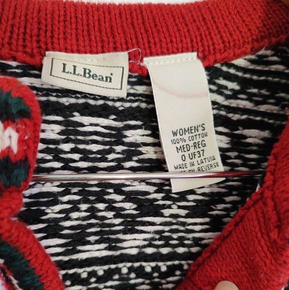 LL Bean Pullover Black and White Patterned Women's Sweater with Red Trim - Picture 2 of 7